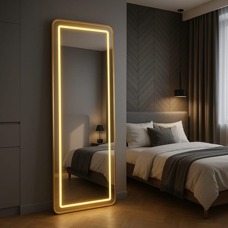Lustro stojące lub wiszące podświetlane led w aluminiowej ramie 160x50 złote