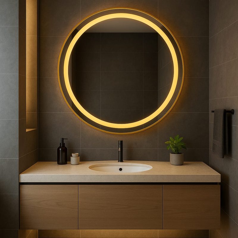 Lustro okrągłe 90 cm podświetlane led złota rama