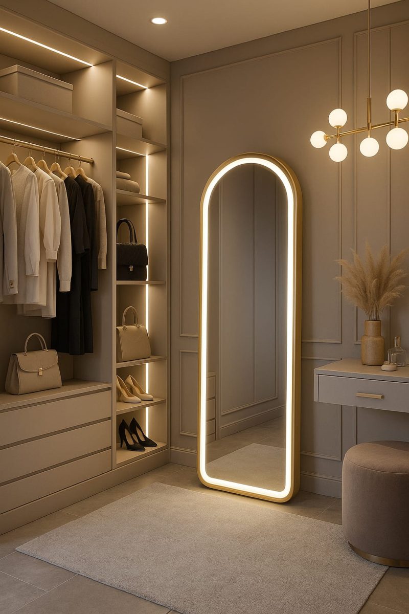 lustro stojące 160x50 podświetlane led  w złotej ramie owalne