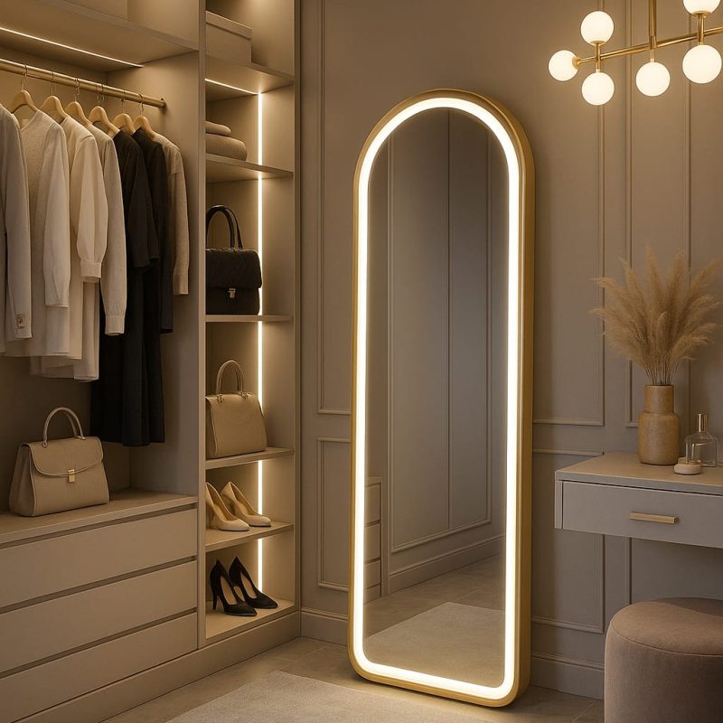 lustro stojące 160x50 podświetlane led  w złotej ramie owalne